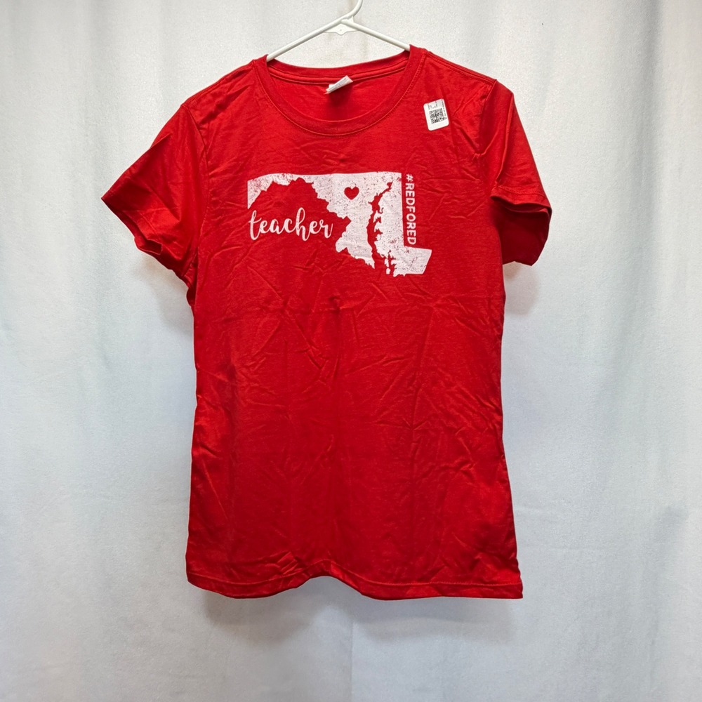 Port & Company T-Shirt Women Medium Red Maryland Teacher Red For Ed Short Sleeve